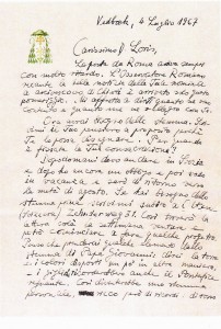 La lettera scritta dall'Arcivescovo Monsignor Bruno Bernard Heim al neo Arcivescovo Loris Francesco Capovilla.