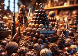 DALL·E 2024 03 28 10.26.32 An image focusing on artisanal chocolate ideal for an article about the Choco Music festival in Riva del Garda. The image showcases a close up of v