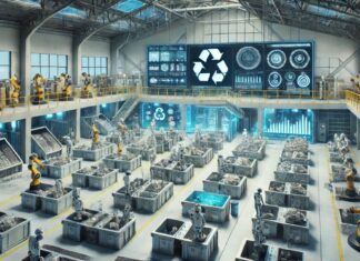 Rifiuti speciali nelle imprese: come riconoscerli e gestirli correttamente Scena di fabbrica con robot e persone attorno a tavoli pieni di rifiuti speciali