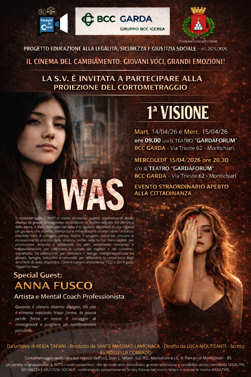 Montichiari, proiezione del cortometraggio “I WAS” degli studenti al GardaForum 1 Locandina della proiezione del cortometraggio “I WAS” a Montichiari