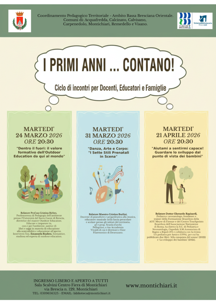Locandina degli incontri “I primi anni...contano” a Montichiari 2026.