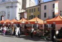 Mercato agricolo con bancarelle arancioni in Piazza Santa Maria a Montichiari.