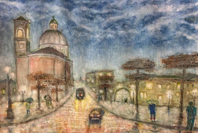 Dipinto della piazza principale di Montichiari con persone e auto sotto la pioggia.
