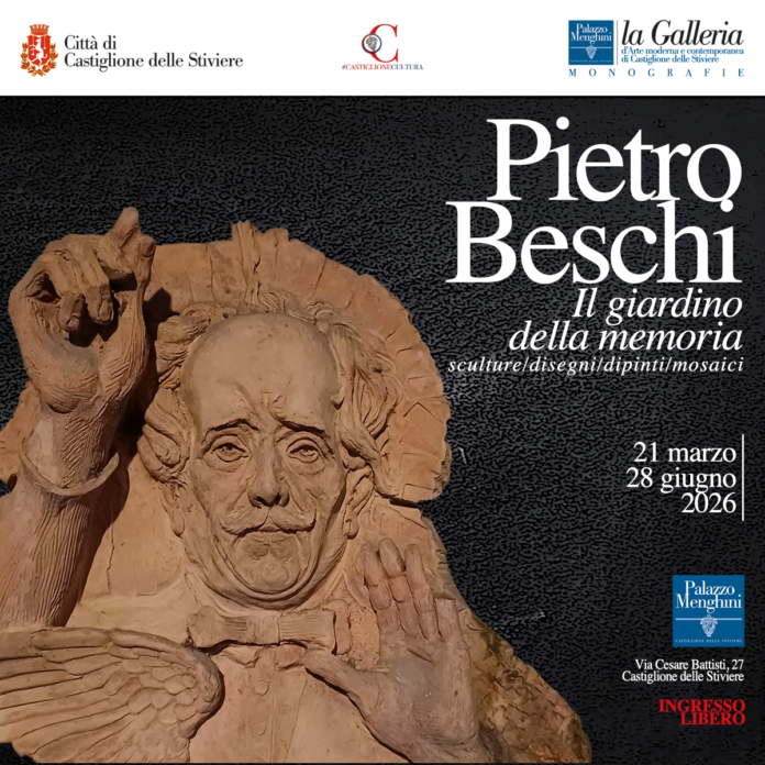 Locandina mostra Pietro Beschi a Castiglione delle Stiviere con scultura in primo piano