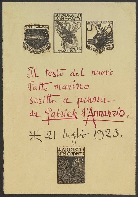 Testo manoscritto del Patto Marino di Gabriele d’Annunzio al Vittoriale.