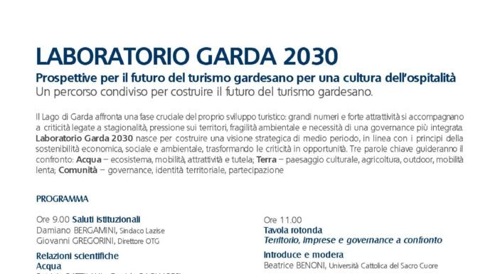 Locandina evento Laboratorio Garda 2030 sul turismo sostenibile a Lazise.