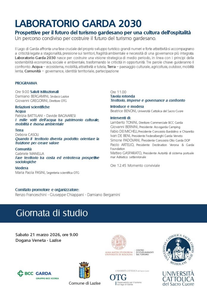 Locandina evento Laboratorio Garda 2030 sul turismo sostenibile a Lazise.