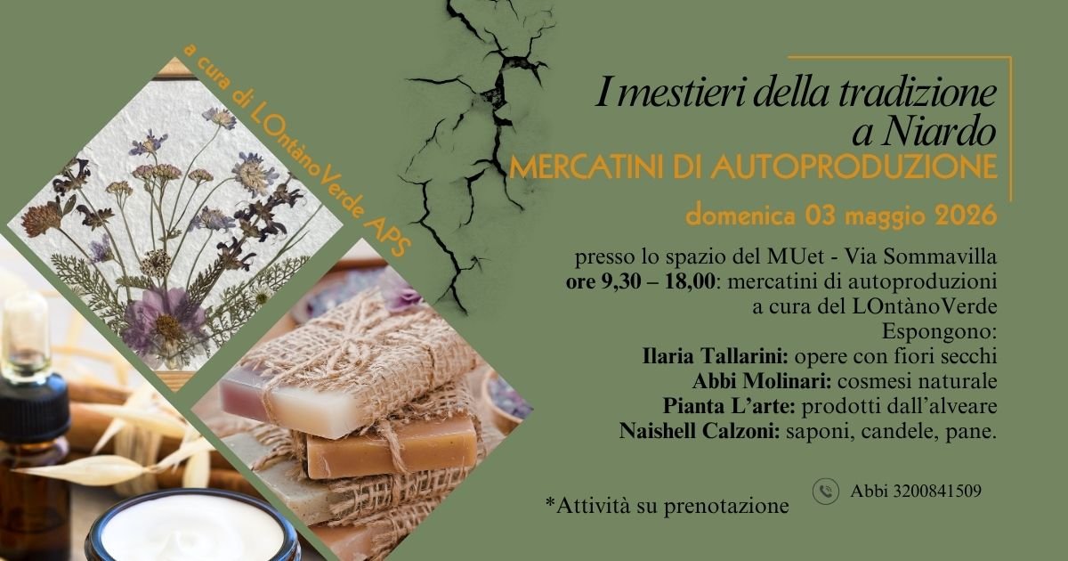 Locandina mercatini di autoproduzione a Niardo con prodotti naturali e artigianali.