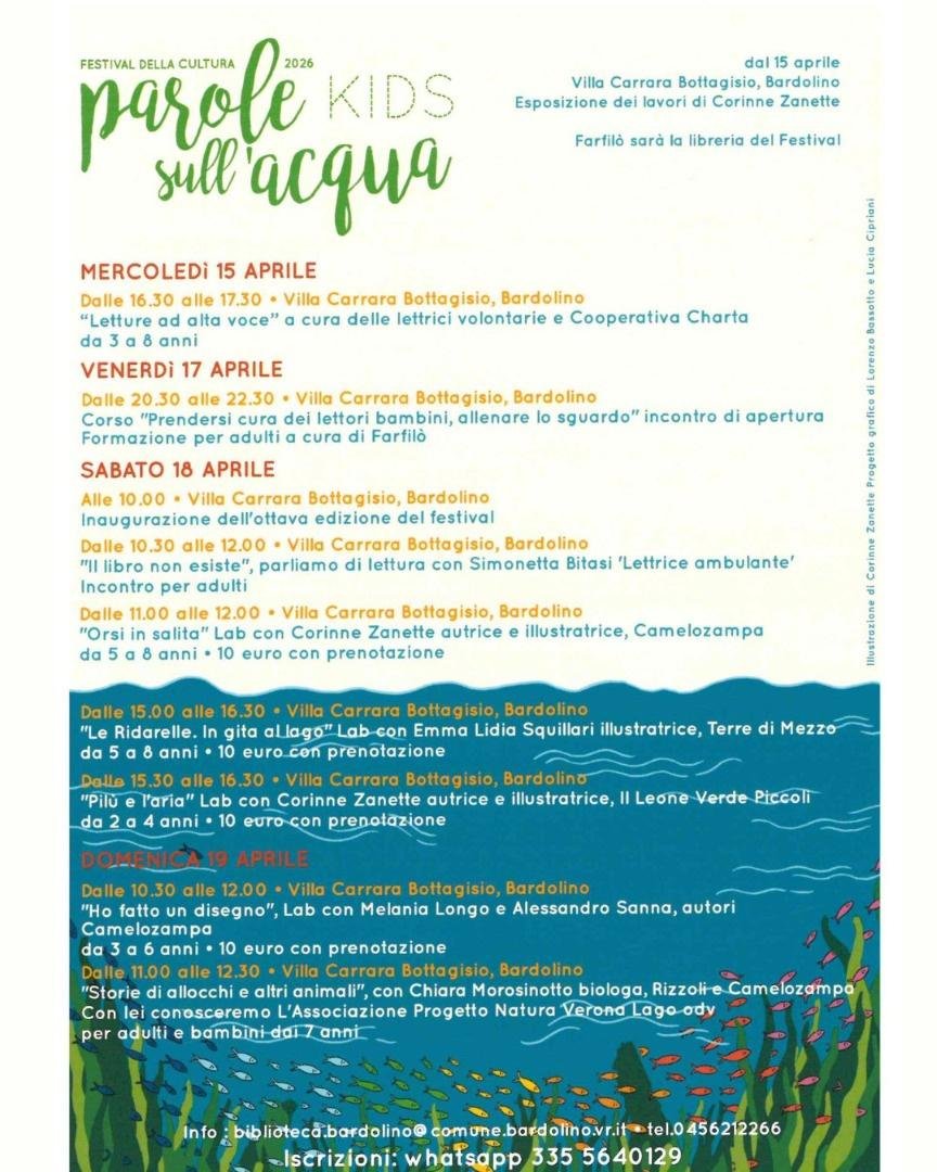 A Bardolino torna Parole sull’acqua Kids con Bitasi e Zanette dal 15 aprile 1 Locandina del festival Parole sull’acqua Kids a Villa Carrara Bottagisio, Bardolino.
