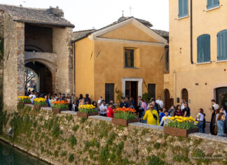 Visitatori a Sirmione lungo le mura storiche con fioriere di tulipani.