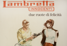 Locandina vintage Lambretta Innocenti con scooter e due persone stilizzate.
