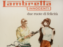 Locandina vintage Lambretta Innocenti con scooter e due persone stilizzate.