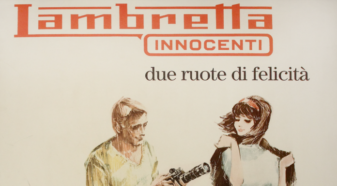 Locandina vintage Lambretta Innocenti con scooter e due persone stilizzate.
