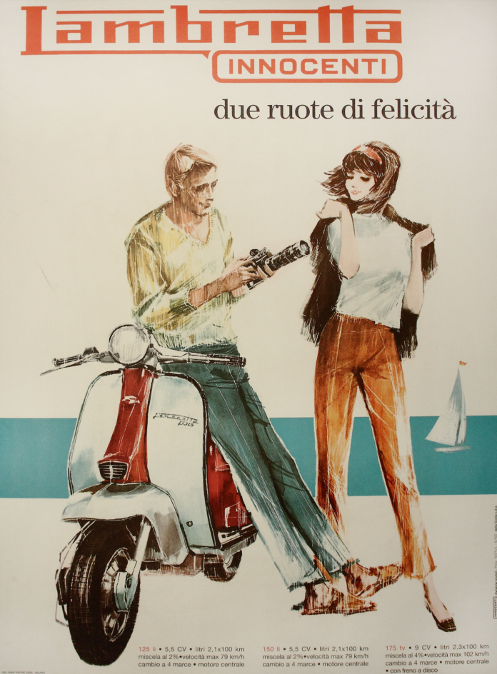 Locandina vintage Lambretta Innocenti con scooter e due persone stilizzate.