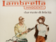 Locandina vintage Lambretta Innocenti con scooter e due persone stilizzate.