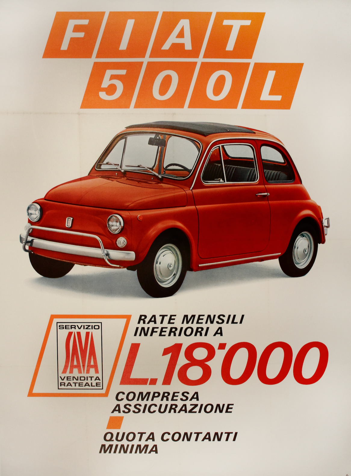 Manifesto pubblicitario vintage della Fiat 500L con offerte di pagamento rateale.