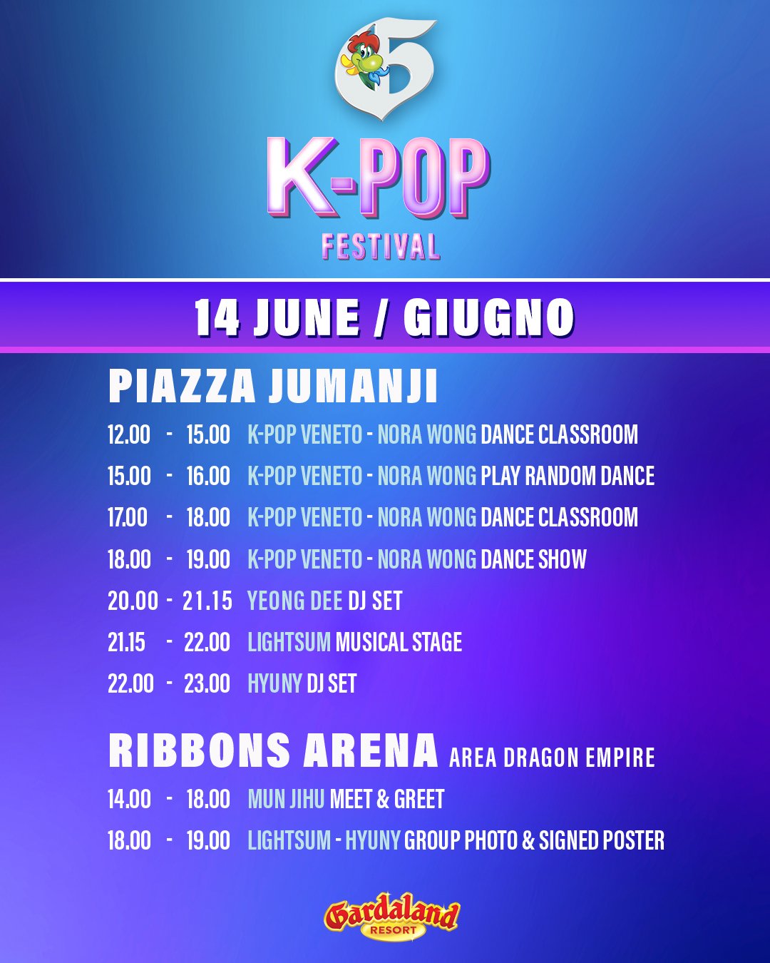 Programma del 14 giugno del Gardaland K-Pop Festival a Gardaland Resort.