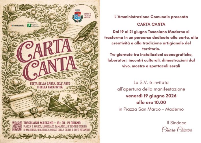 Locandina evento Carta Canta a Toscolano Maderno dal 19 al 21 giugno 2026.