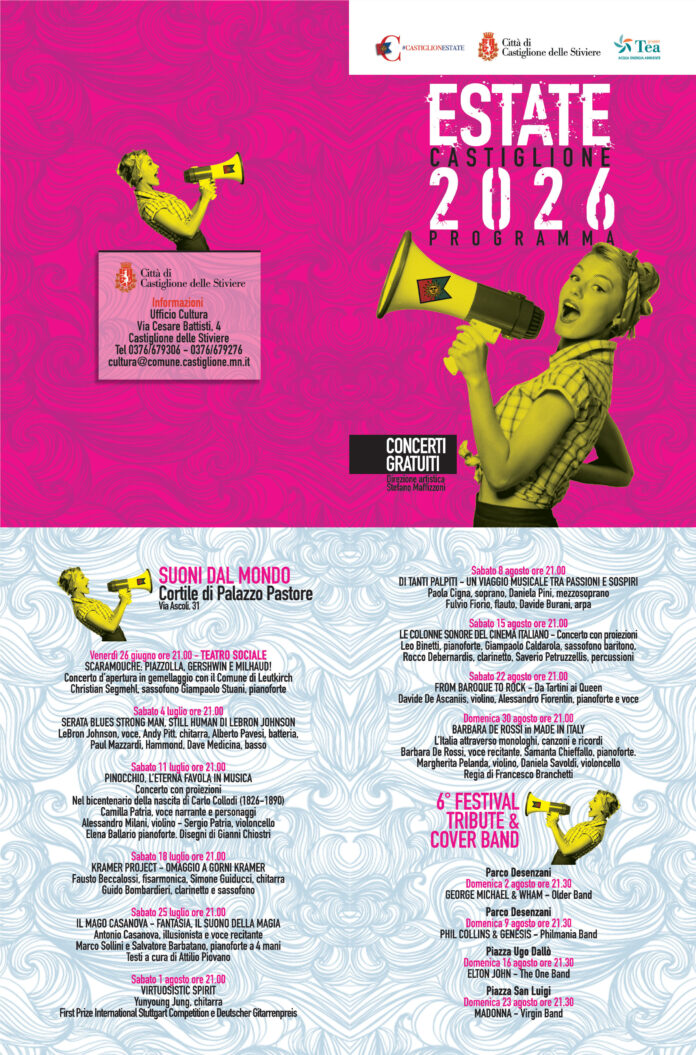 Locandina del programma CastiglionEstate 2026 con concerti gratuiti a Castiglione.