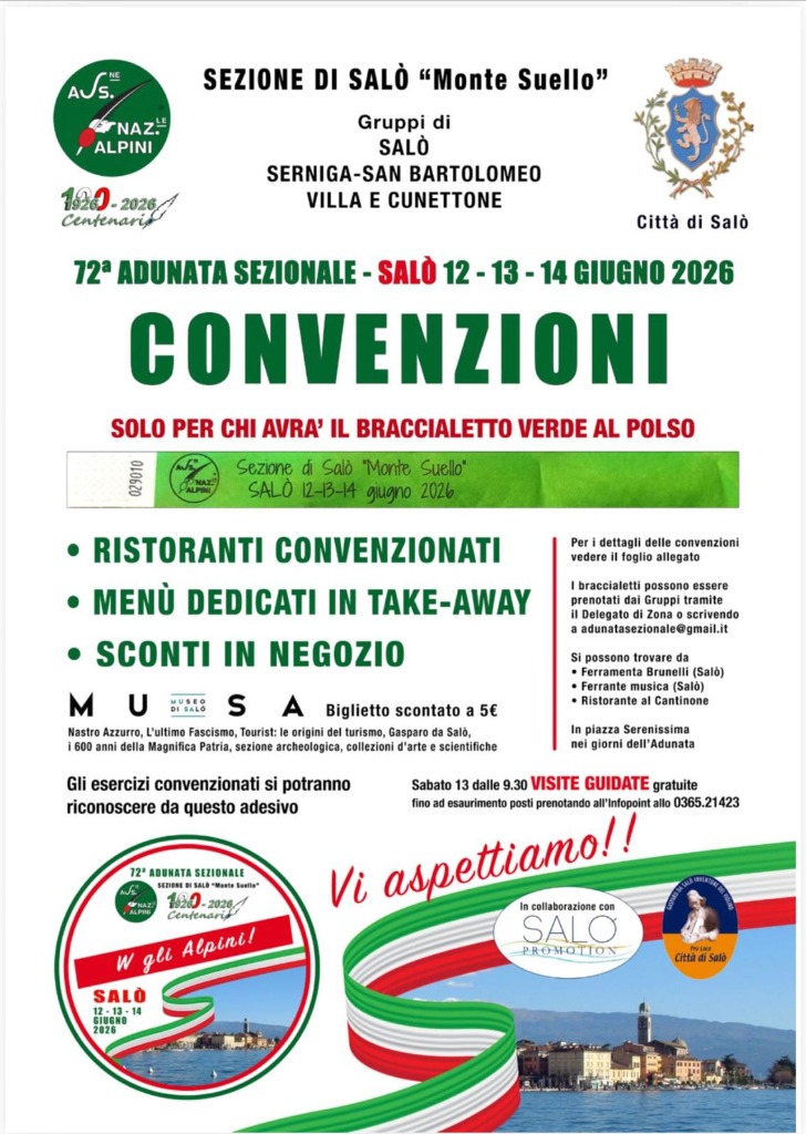 A Salò la 72ª Adunata Sezionale degli Alpini della "Monte Suello" 3 Le convenzioni nei negozi e al MuSa di Salò per chi indossa il braccialetto verde