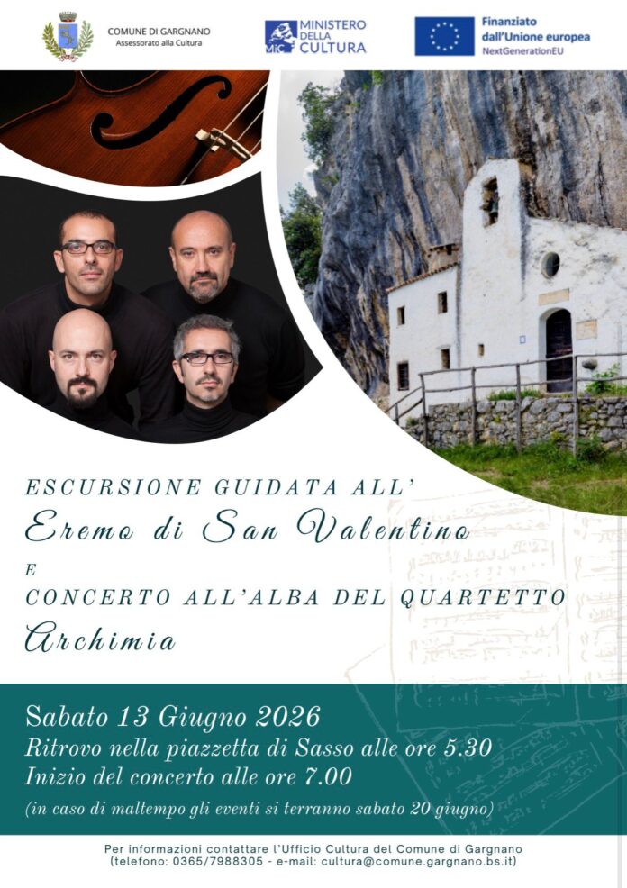 Locandina escursione e concerto all’alba all’Eremo di San Valentino a Gargnano.