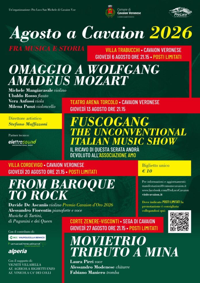 Locandina di Agosto a Cavaion 2026 Fra Musica e Storia