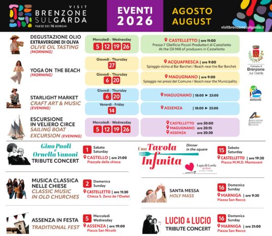 Locandina di Brenzone sul Garda, il calendario eventi di agosto 2026: musica, degustazioni e tradizioni nei 16 borghi