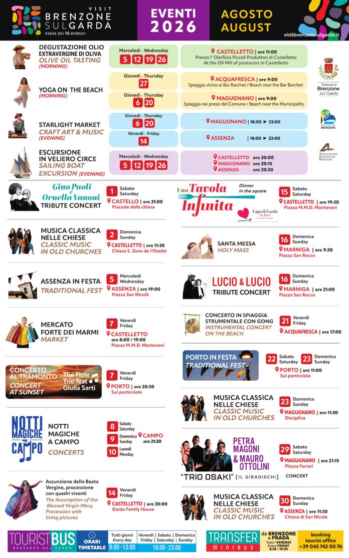 Locandina di Brenzone sul Garda, il calendario eventi di agosto 2026: musica, degustazioni e tradizioni nei 16 borghi