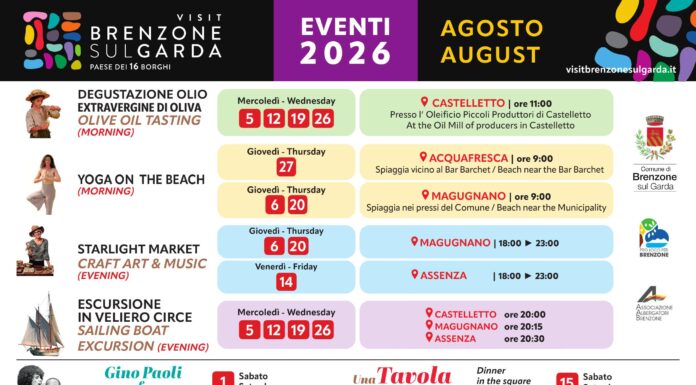 Locandina di Brenzone sul Garda, il calendario eventi di agosto 2026: musica, degustazioni e tradizioni nei 16 borghi