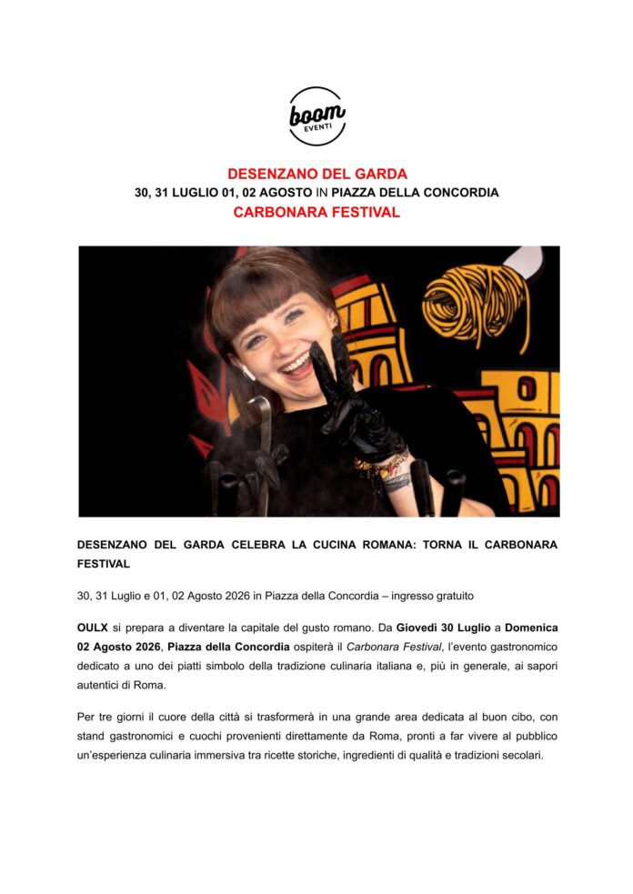 Locandina di Carbonara Festival 2026: la cucina romana conquista Piazza della Concordia a Desenzano del Garda
