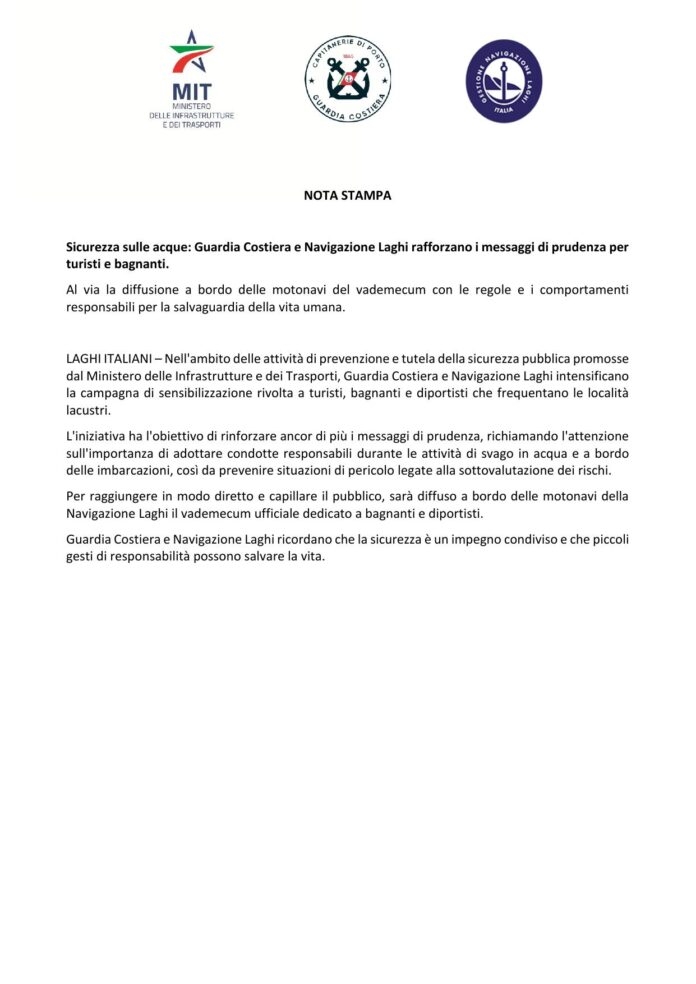 Campagna di sicurezza per turisti e bagnanti sui laghi italiani