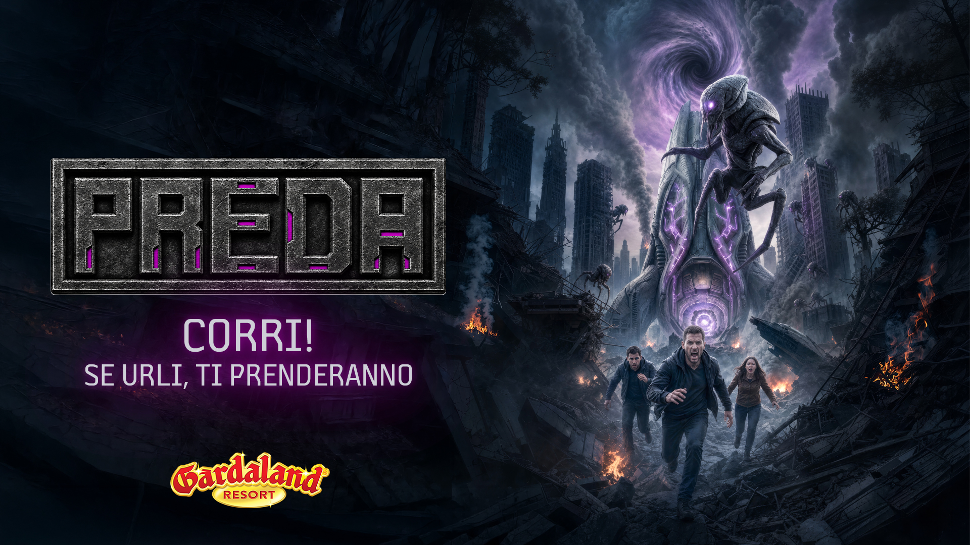 Gardaland anticipa Halloween al 12 settembre con 51 giorni di eventi spaventosi 1 Locandina evento Halloween Gardaland con mostri alieni e persone che scappano.