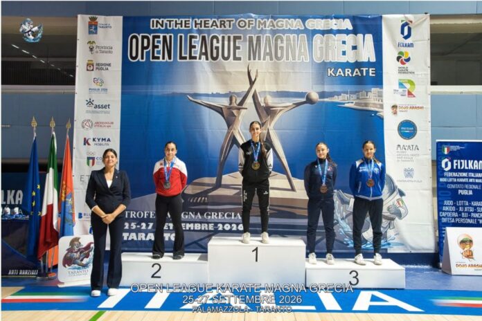 Immagine relativa a Isabella Vigevani e il Garda karate team sul podio all'Open League di Taranto