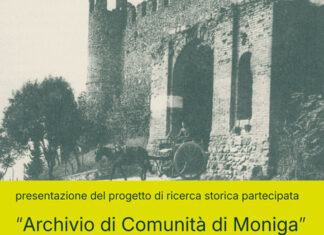 Moniga del Garda presenta l’archivio di comunità con ricerca storica partecipata Grafica con testo su sfondo giallo, mostra un edificio antico, una mappa e un codice a barre.