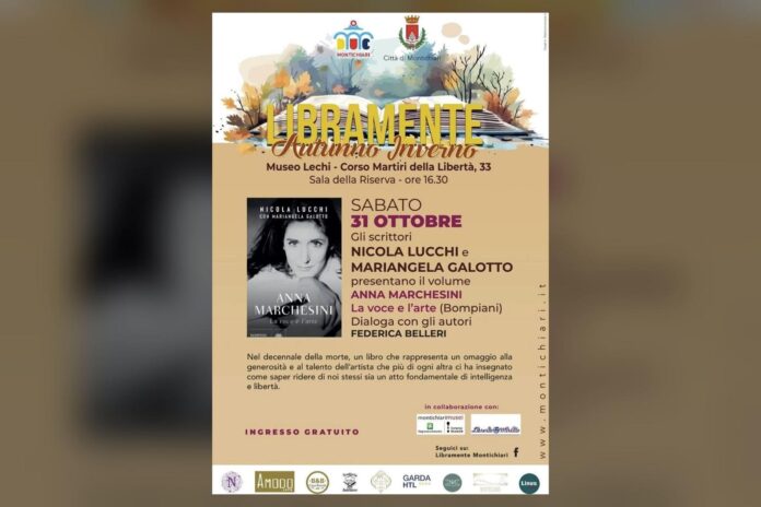 Manifesto di Libramente Autunno con persone in Sala della Riserva davanti a un volume