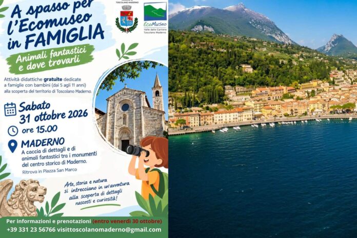 Manifesto di Caccia ai dettagli a Maderno in piazza San Marco con monumento e bambino che osserva