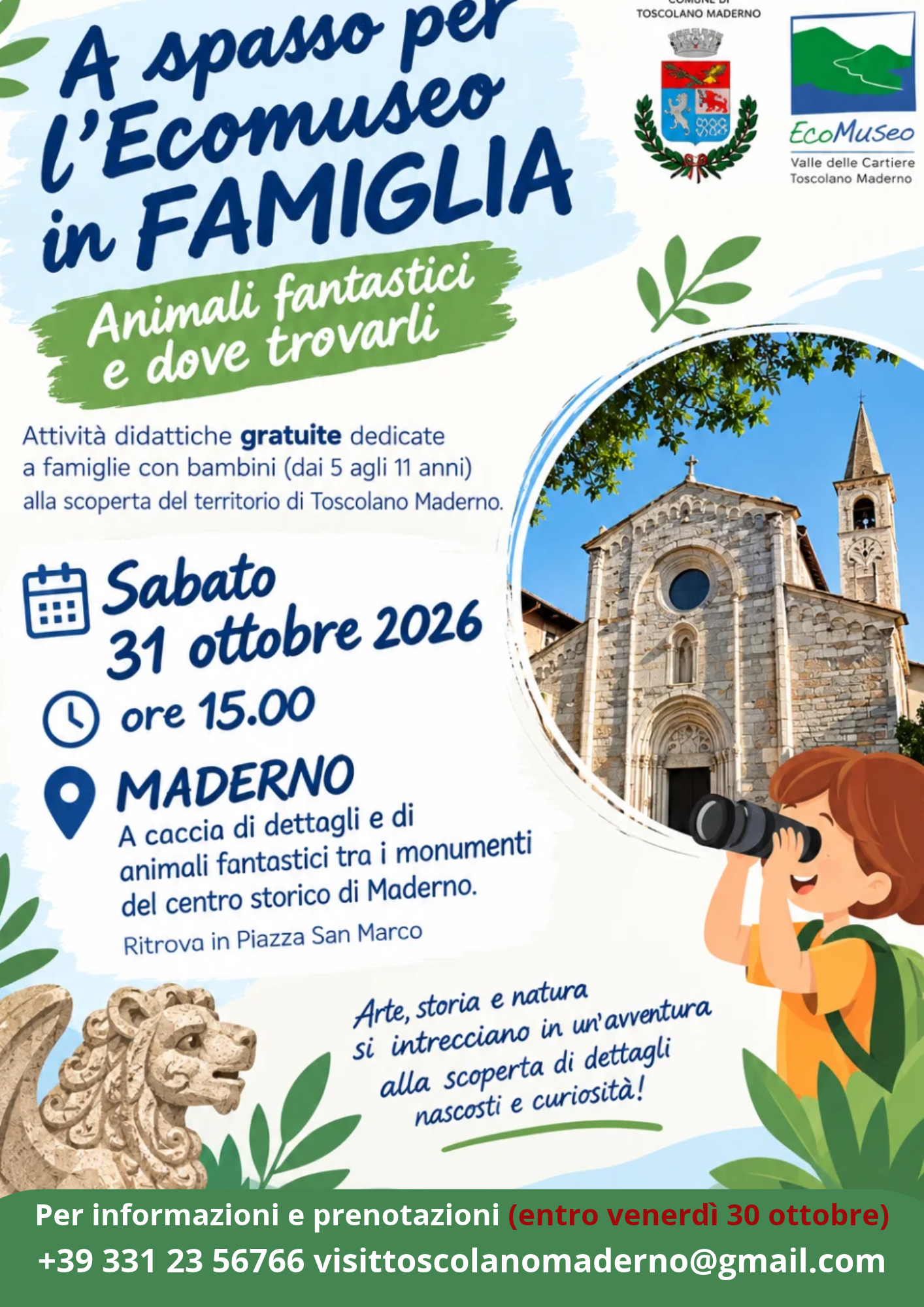 Manifesto di A spasso per l'Ecomuseo in famiglia con monumento, bambino e lente d'ingrandimento
