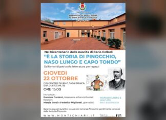 Collodi e Pinocchio alla Casa Bianca di Montichiari giovedì 22 ottobre Manifesto di Collodi e Pinocchio alla Casa Bianca di Montichiari con edificio e personaggi
