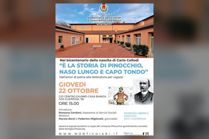 Manifesto di Collodi e Pinocchio alla Casa Bianca di Montichiari con edificio e personaggi Manifesto di Collodi e Pinocchio alla Casa Bianca di Montichiari con edificio e personaggi