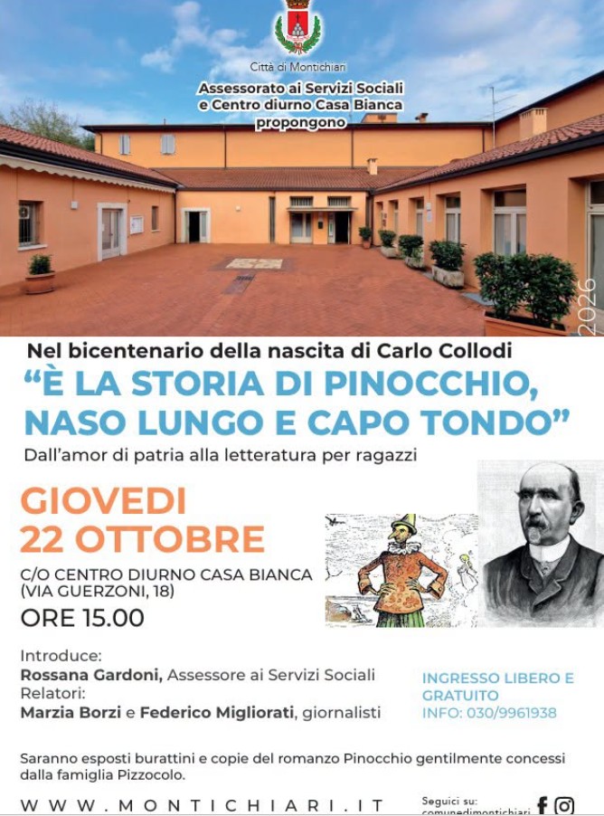 Collodi e Pinocchio alla Casa Bianca di Montichiari giovedì 22 ottobre 1 Manifesto di Collodi e Pinocchio alla Casa Bianca di Montichiari con cortile e personaggi