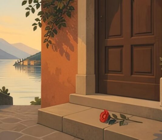 Illustrazione di un fiore rosso appoggiato sulla soglia di una porta di casa