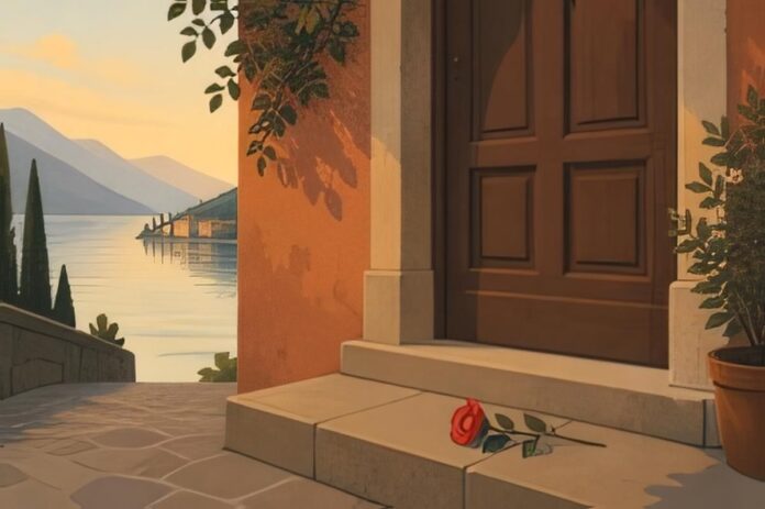 Illustrazione di un fiore rosso appoggiato sulla soglia di una porta di casa