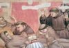 Affresco medievale con san Francesco morente circondato dai frati in lutto