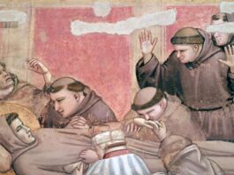 Francesco d’Assisi, santo o rivoluzionario: serata a Salò il 22 ottobre Affresco medievale con san Francesco morente circondato dai frati in lutto