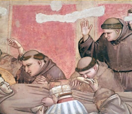 Affresco medievale con san Francesco morente circondato dai frati in lutto