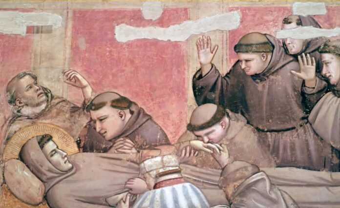 Affresco medievale con san Francesco morente circondato dai frati in lutto