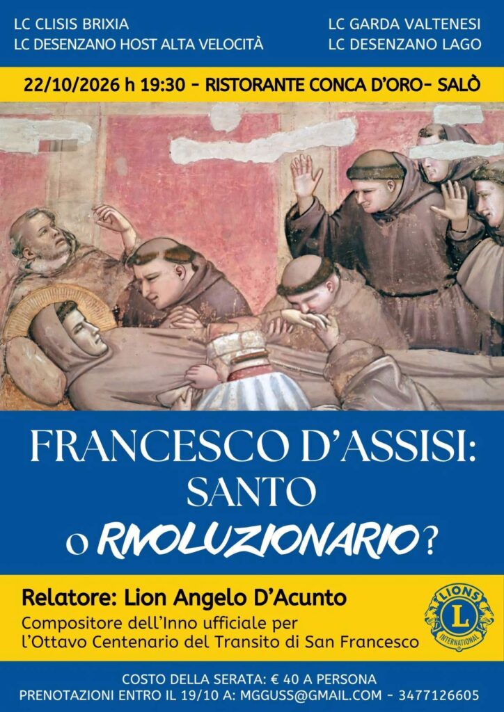 Francesco d'Assisi, santo o rivoluzionario: serata a Salò il 22 ottobre 1 Un poster con un'illustrazione di frati in un ambiente storico, testo in italiano e numeri di orario.