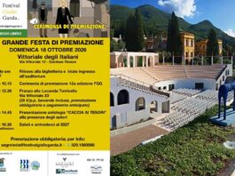 Manifesto di Festival Giallo Garda con scena di auditorium e persone in abiti formali