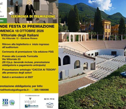 Manifesto di Festival Giallo Garda con scena di auditorium e persone in abiti formali