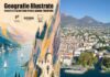Manifesto di Geografie Illustrate mostra paesaggio del lago con barche e sentiero tra montagne